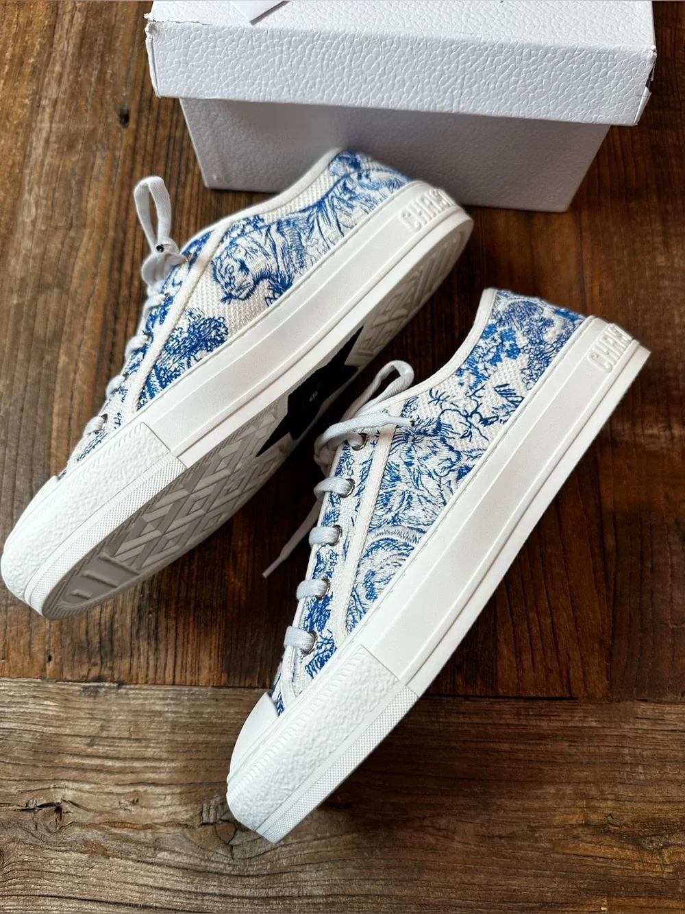 Dior White Canvas Low-Top Sneakers with Blue Toile Print